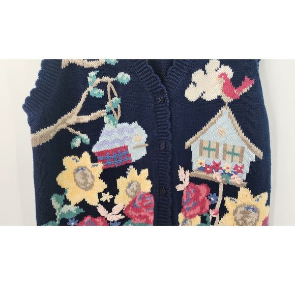 Vintage Floral Bird House 3 Button Sweater Vest Hand Knitt Size‎ Small - Picture 5 of 9